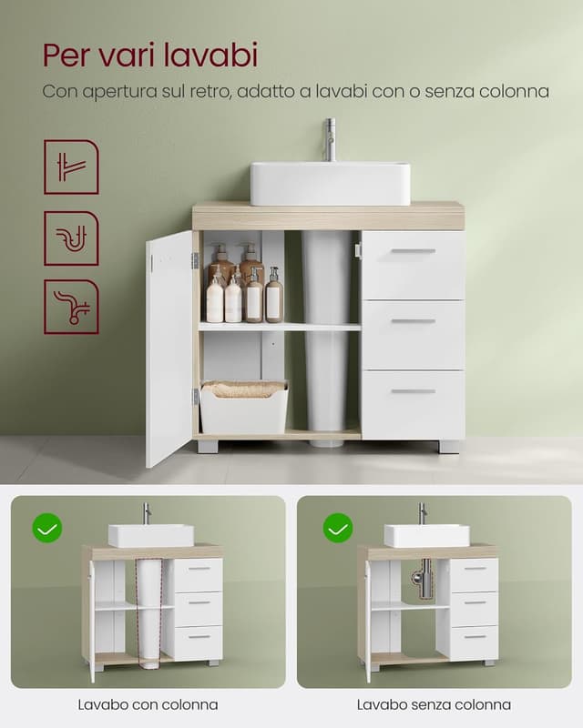 Detalle de VASAGLE Mobile sottolavabo BBK504K01 con 3 cassetti laterali e 2 vani dietro anta (30 x 70 x 64 cm) bianco e beige