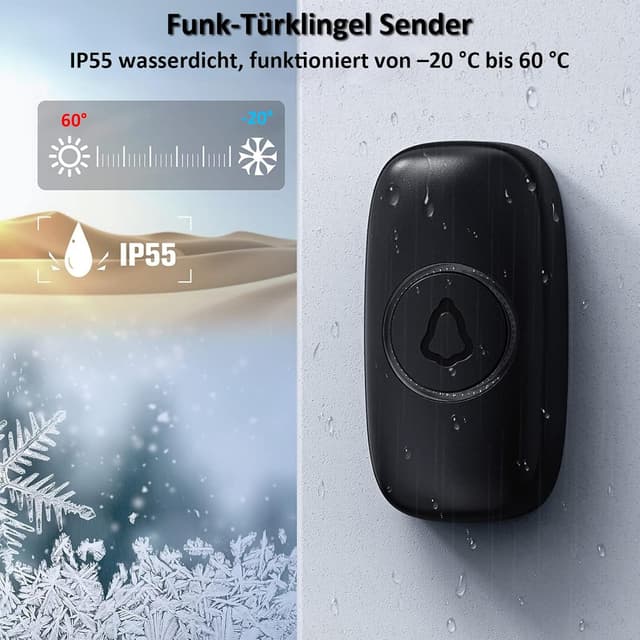 Detalle de SECRUI Funkklingel für Haustür mit 2 Empfängern & 1 Sender, 58 Melodien, 5 Lautstärken, LED, IP55
