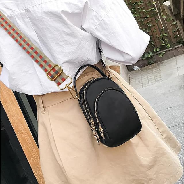 Detalle 2 de Verstellbarer Schultergurt für Taschen (3,8 cm breit) – Beige/Grau/Rot, 80–130 cm, mit goldfarbenem Karabiner