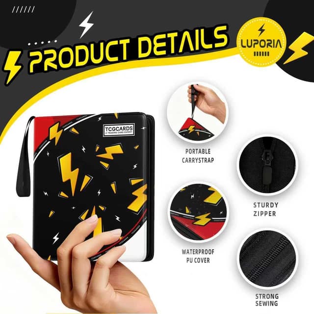 Detalle de Trading Card Binder 4 Pocket (400-Card Capacity) with 50 Removable Sleeves, Waterproof Zipper Album for MTG/TCG Cards