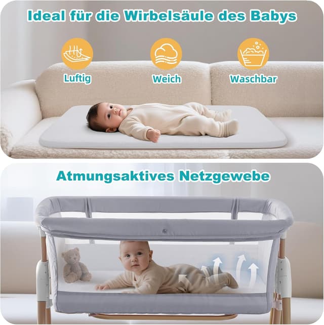 Thumbnail 1 de cozydwells 3‑in‑1 Beistellbettchen (Tragbares Reisebett) grau – höhen- und neigungsverstellbar mit 4 abschließbaren Rollen