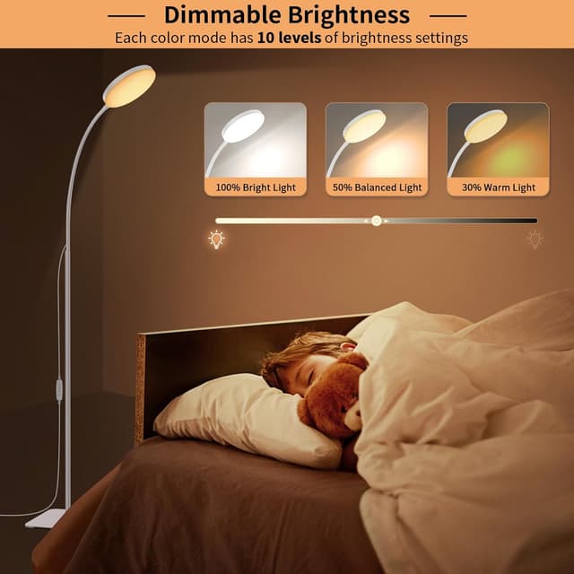 Detalle de Mojimdo Stehlampe: schlanke LED-Leselampe mit 3 Farben, 10 Helligkeiten und Dimmfunktion