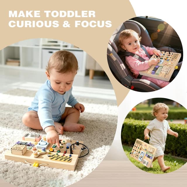 Detalle de Joyreal Montessori Busy Board 2-in-1 ab 1 Jahr – Holz Motorikspielzeug mit 20 LED-Lichtern