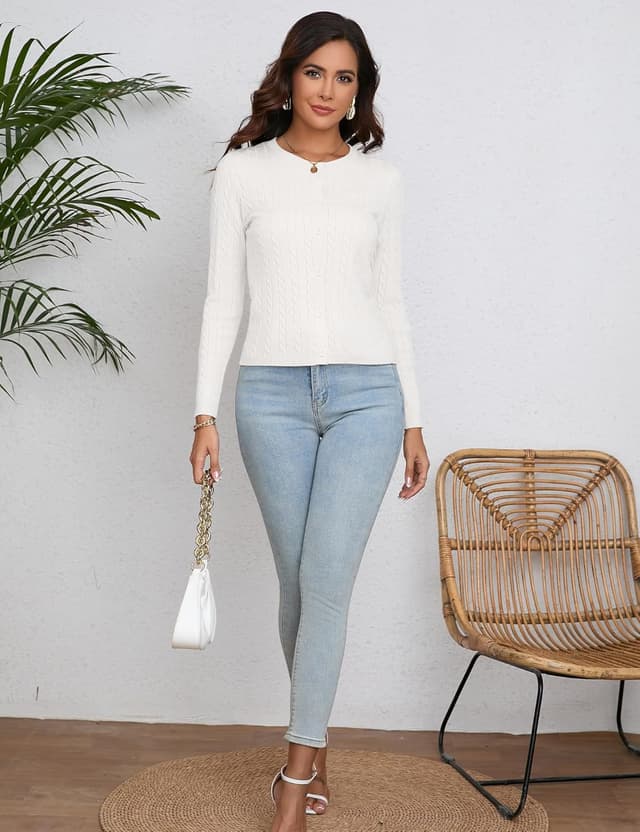 Detalle de Dosieyeo Damen Strickjacke Elegant mit Zopfmuster – kurzarmarmiger Cardigan mit Knopfleiste (Rundhals)