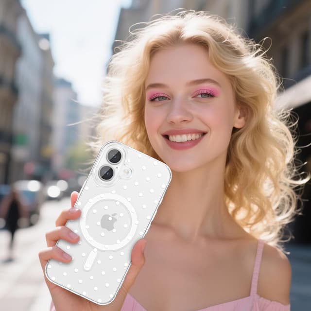 Detalle 2 de ZTOFERA Magnetic Clear Polka Dot Case for iPhone 17 (MagSafe Wireless Charging, Slim Soft Protection) — White Dot