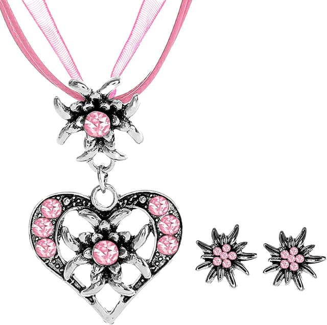 Detalle de APMGONT 3-teiliges Bayerisch Dirndlschmuck-Set: Trachtenkette mit Edelweiß & Herz-Anhänger plus Ohrstecker
