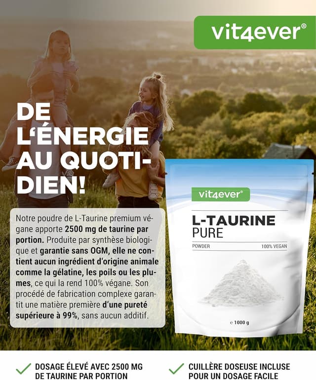 Detalle 2 de Poudre de taurine L-Taurine 99% végétalienne – 1000 g (1 kg), dosage 2500 mg par portion
