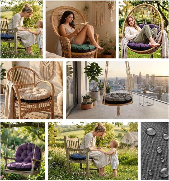 Detalle 2 de Amazinggirl Cuscino rotondo per poltrona sospesa e sedie in rattan, 60 cm, verde ombra