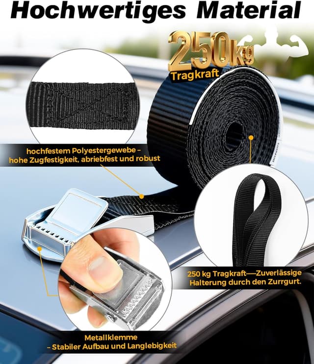 Detalle de Spanngurte Schwarz 4er-Set (2,5 m x 25 mm) mit Klemmschloss – Zurrgurte für Fahrrad, Dachbox & Gepäck
