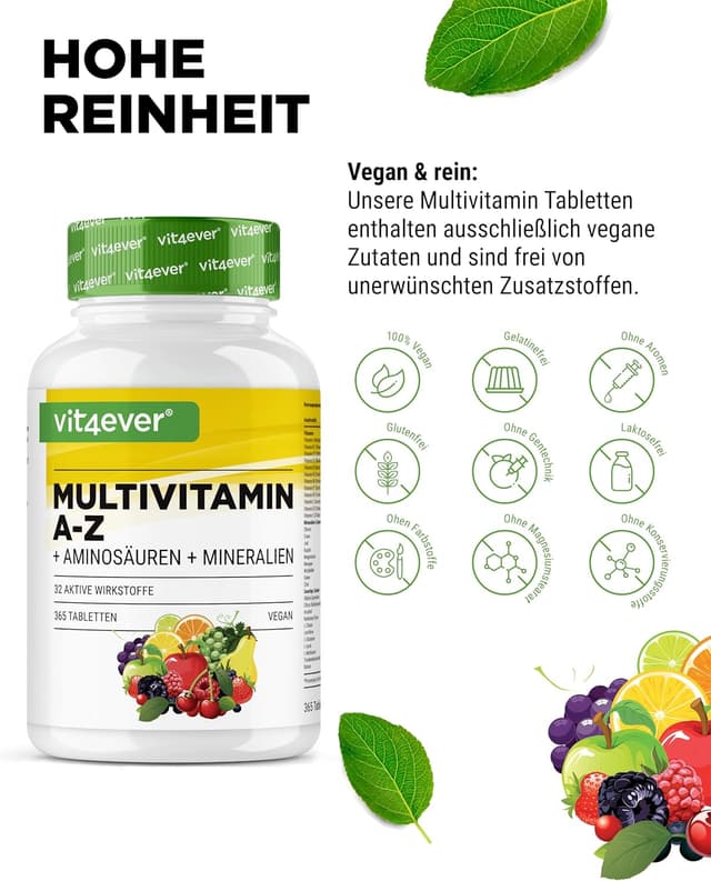 Thumbnail 4 de Multivitamin A-Z - 365 Tabletten (12 Monate) - 32 aktive Inhaltsstoffe - Kombination aus Mineralien + Aminosäuren + Spurenelementen + Pflanzenextrakten - Vegan - Hochdosiert
Multivitamin A-Z - 365 Tabletten (12 Monate) - 3…