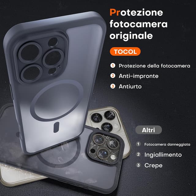 Detalle de TOCOL Cover magnetica per iPhone 16 Pro Max 6,9" compatibile con MagSafe, protezione fotocamera e antiurto traslucida opaca (nero)