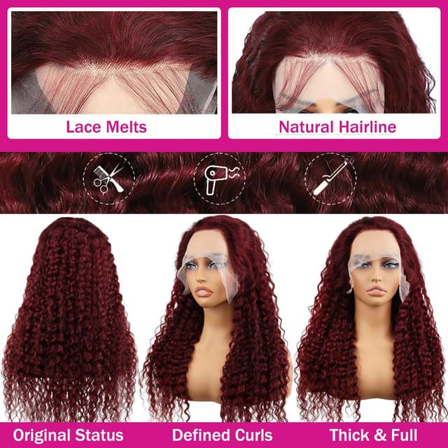 Detalle 2 de bobili 30 Inch 99J Burgundy Deep Wave 13x6 HD Lace Front Human Hair Wig