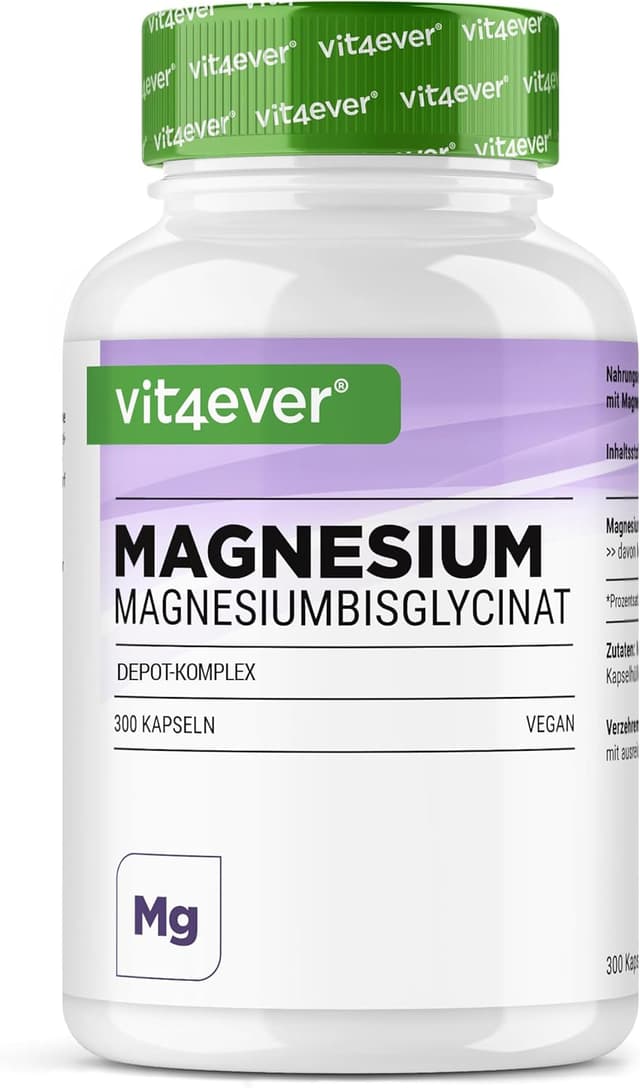Detalle de vit4ever Magnesium Bisglycinat Depot Komplex mit 300 mg pro Tagesdosis – 300 Kapseln (Magnesiumglycinat als organisches Aminosäurechelat)