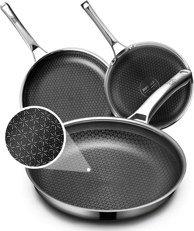 Detalle de OATOFP Non Stick Frying Pans Set (8, 10, 12 inch) – Hybrid nonstick stainless steel skillets
