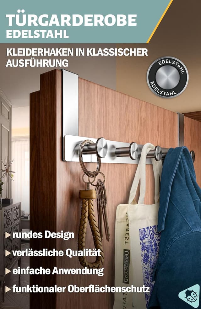 Detalle de Menz Türgarderobe zum Einhängen aus Edelstahl mit runden Türhaken – Türhakenleiste ohne Bohren