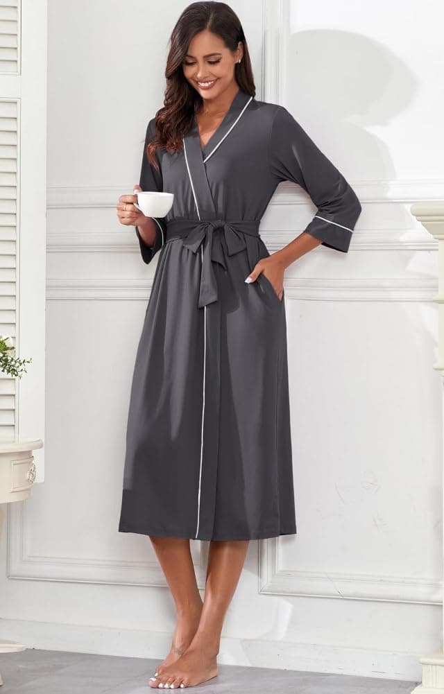 Detalle de PrinStory Damen-Bademantel Kimono mit 3/4-Ärmeln, 95% Viskose/5% Elasthan