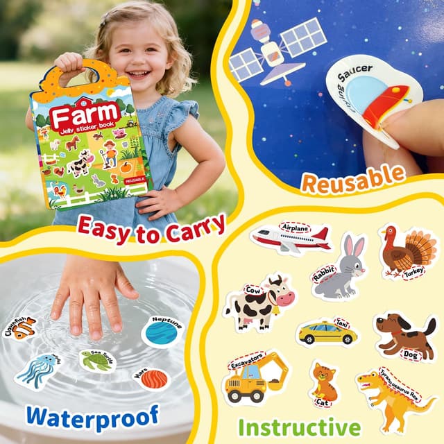 Detalle de 6-Set Reusable Jelly Sticker Book for Toddlers (Ages 3–6) — Travel Sticker Activity Toys, 6 Themes