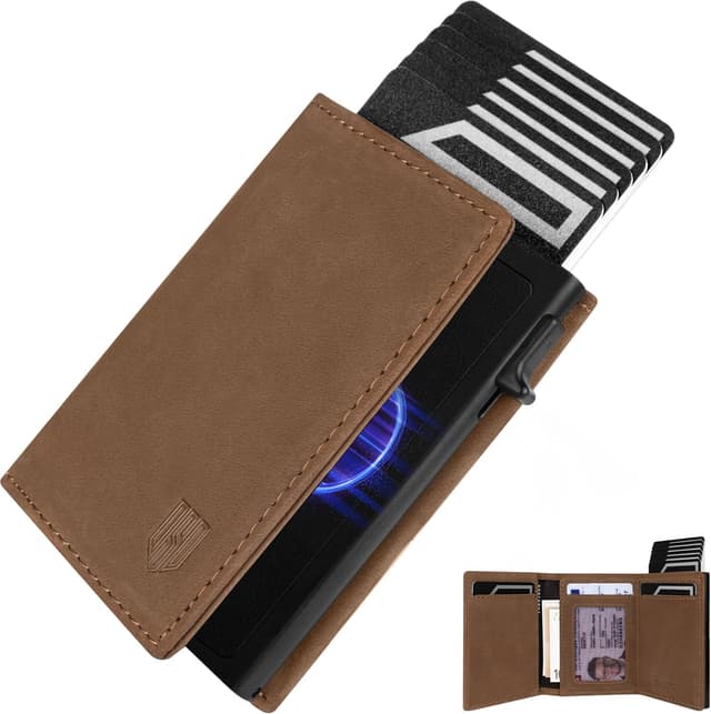 Detalle de DODENSHA MagSnap Portmonee Herren Slim-Wallet mit Münzfach, RFID-Schutz und Magnetverschluss (Vintage Braun) – für 10+ Karten