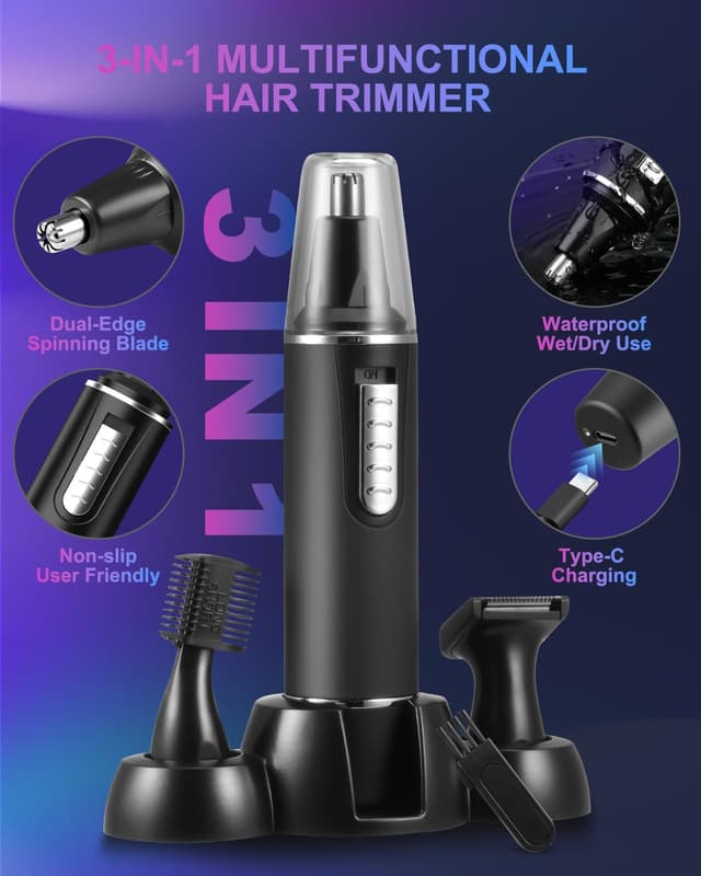 Detalle 2 de Nose Hair Trimmer for Men (3-in-1) – Rechargeable Wet/Dry Nose, Ear, Eyebrow & Facial Hair Trimmer with IPX7 Blades