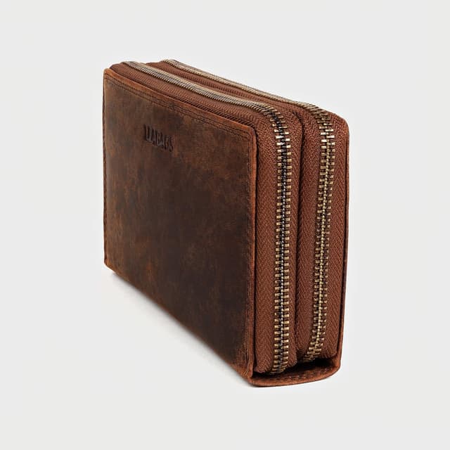 Thumbnail 6 de LEABAGS Leder Geldbörse Damen – XXL Portemonnaie mit RFID/NFC-Schutz, Doppelter Reißverschluss (Vintage Dunkelbraun)