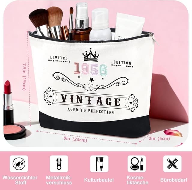 Thumbnail 6 de 70. Geburtstag Geschenkset für Frauen: Vintage 1956 Canvas-Tasche, Kosmetiktasche & Isolierbecher-Set