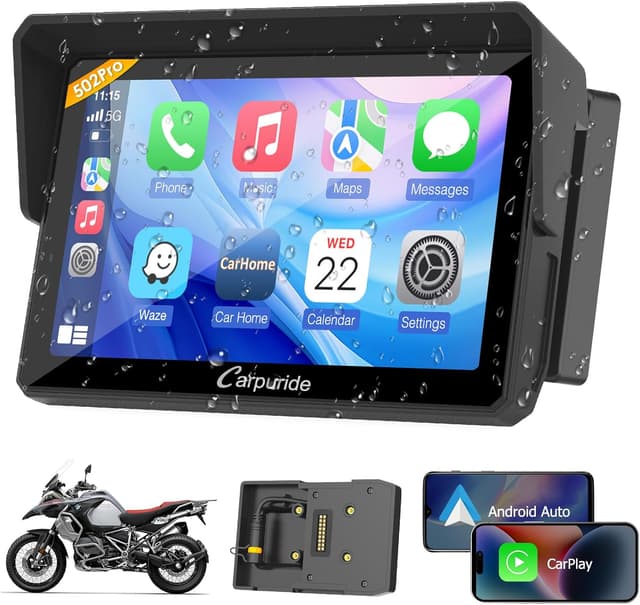 Detalle de Carpuride W502PRO B für BMW-Motorräder: 5‑Zoll wasserdichter CarPlay/Android Auto Touchscreen mit Dual‑Bluetooth
