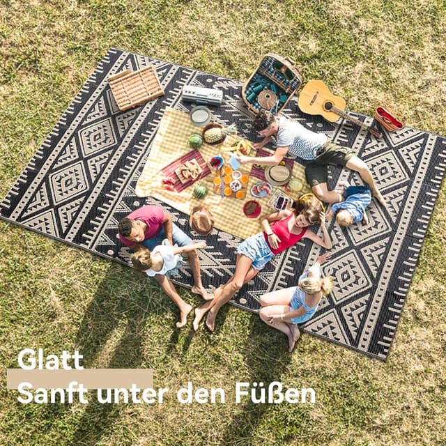 Detalle de Homaxy Outdoor Teppich wetterfest, faltbar & wendbar (120 x 180 cm) in Schwarz & Beige