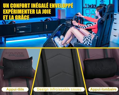 Detalle de GTPLAYER Simulator Cockpit con altavoces 3D: soporte de volante ajustable y asiento para sim racing