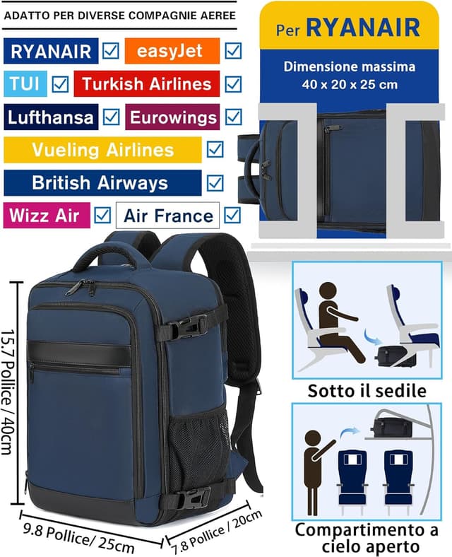 Detalle 2 de KLOSTAIN Zaino Ryanair 40x20x25 da 20L con porta PC 14" – Daypack aereo bagaglio a mano Blu profondo