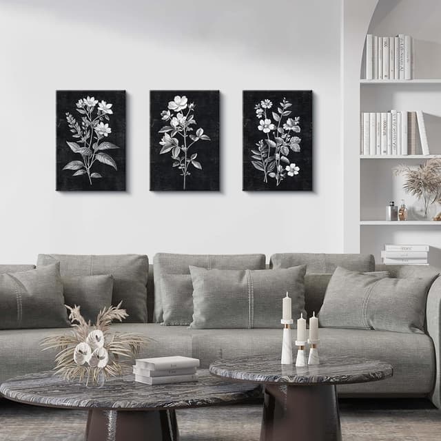 Thumbnail 3 de Minimalist Black White Floral Canvas Set 30x40cm