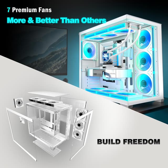 Detalle de ANSAITE Case PC ATX H9 bianco: vetro temperato, 7 ventole PWM ARGB e supporto radiatore RAD 360 mm