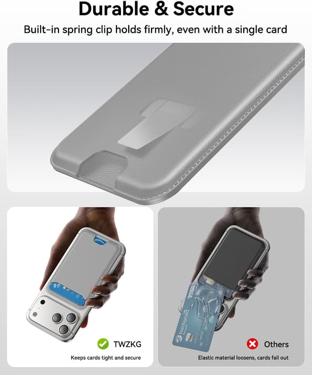 Detalle de TWZKG MagSafe Wallet (3 Card Holder) — magnetic phone wallet with RFID blocking vegan leather, Grey