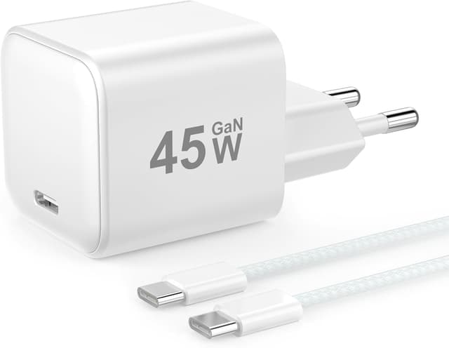 Detalle de YISH caricatore USB-C GaN 45W con PD 3.0 e cavo USB-C 1 m (compatto)
