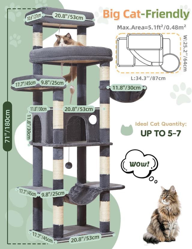 Detalle 2 de Taoqimiao 180cm Large Cat Tree (MS034G) with 9 Scratching Posts, Hammock & Wide Condo