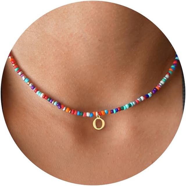 Detalle de TINGN Collier de perles colorées avec lettre, fait main – collier bohème personnalisable pour fille et femme