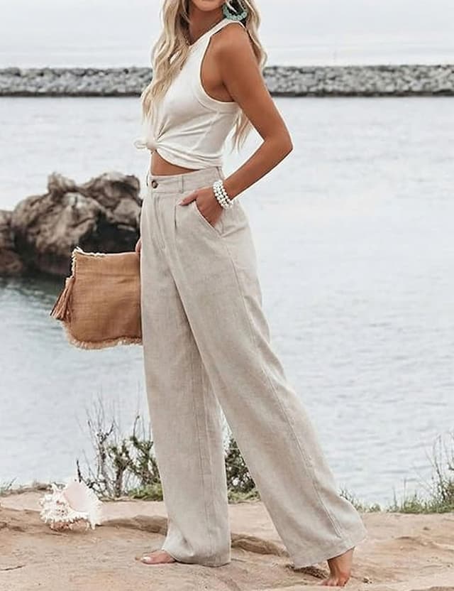 Detalle 2 de Hooever Womens Cotton Linen Wide-Leg Pants (High-Waisted, Button-Front)