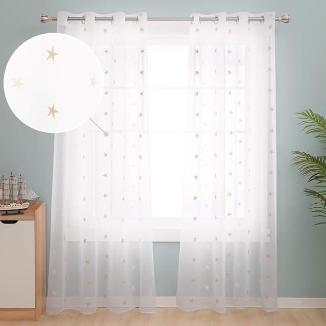Detalle de Deconovo eyelet faux linen net curtains with embroidered star voile, 55 x 114 drop (1 pair)