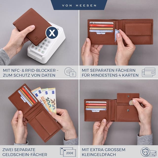 Detalle 2 de VON HEESEN Leder-Geldbörse mit RFID-Schutz aus Echtleder (Cognac-Braun)