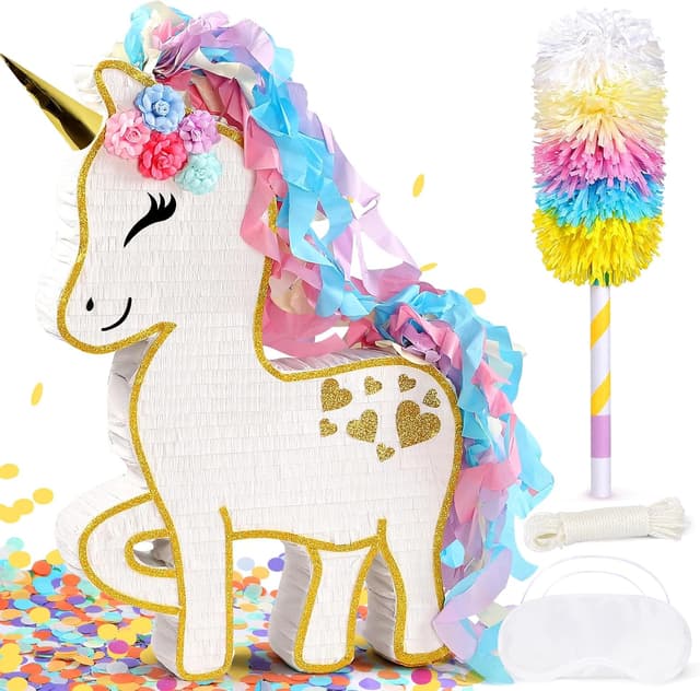 Detalle de 24" Large Rainbow Unicorn Piñata for Birthday Parties — White Magical Unicorn Party Decoration with Gold Horn