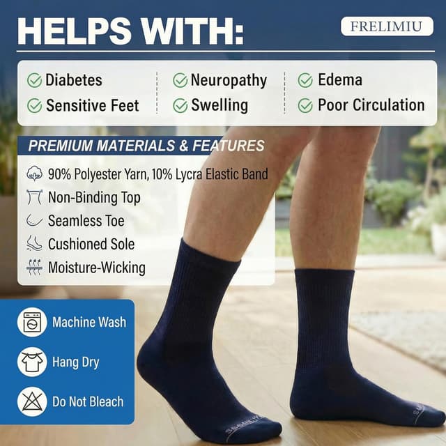 Detalle 2 de Frelimiu Diabetic Socks for Men (Non-Binding, Seamless Toe) – 4 Pairs, 7–11