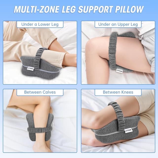 Detalle de Knee Pillow for Side Sleepers & Sciatica Pain Relief with Memory Foam Core, Detachable Strap, Two Covers (Blue & Grey) – One Pillow Only