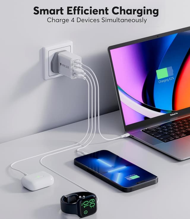 Detalle de USB-C Fast Charger Plug 40W (4-Port) with Dual USB-C + Dual USB-A – UK mains wall adapter