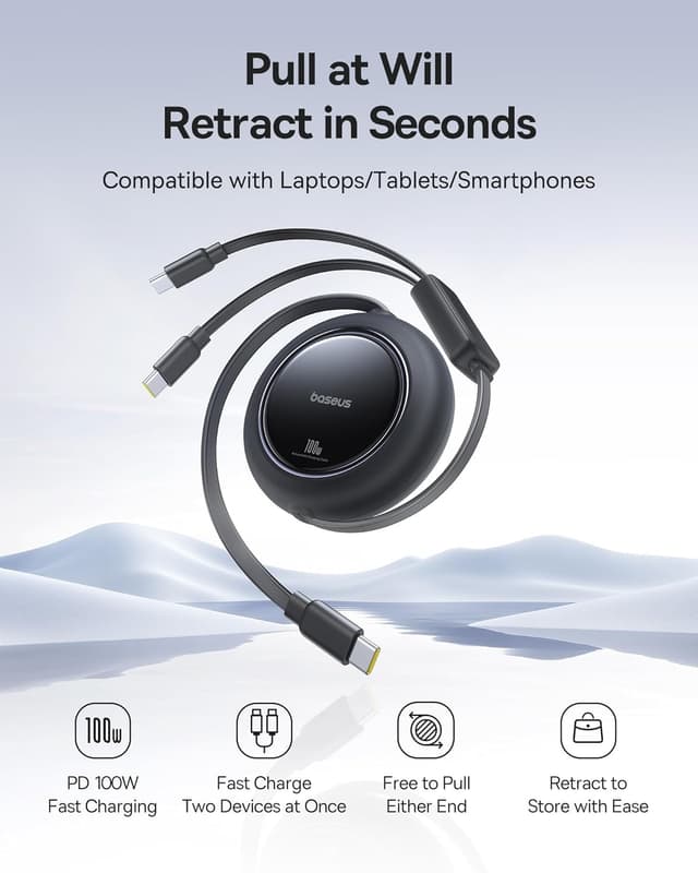 Detalle de Baseus Retractable USB-C Cable 4ft (2-in-1) — Multi Fast Charging, PD up to 100W, 5 Length Presets