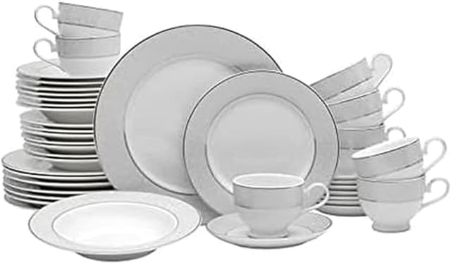 Detalle de Mikasa Parchment 40-Piece Dinnerware Set (Service for 8) with Contemporary Silvery Scroll Design