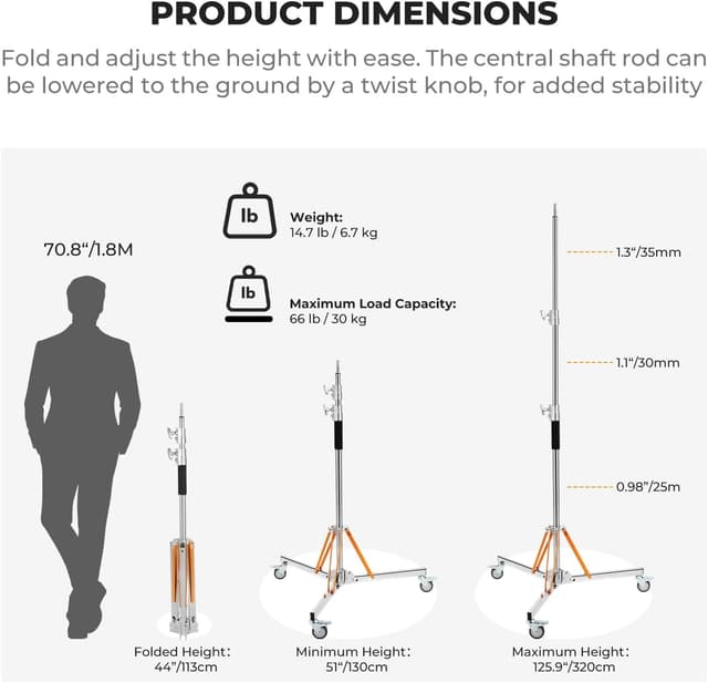 Detalle 2 de K&F CONCEPT Heavy Duty Light Stand with Casters (10.5ft/320cm Adjustable Tripod)