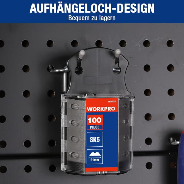 Detalle de WORKPRO Trapezklingen Set (100-tlg.) SK5-Stahl, 0,6 mm Klingenstärke – Ersatzklingen im Spender