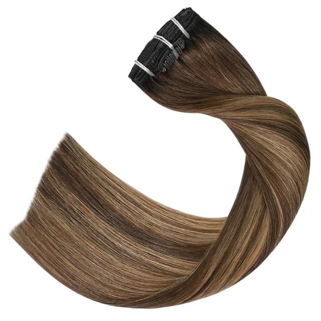 Detalle de UGOTRAYS Balayage Clip-In Hair Extensions (100% Human Hair), Ombre Medium Brown to Caramel Blonde, 20 in, 120g