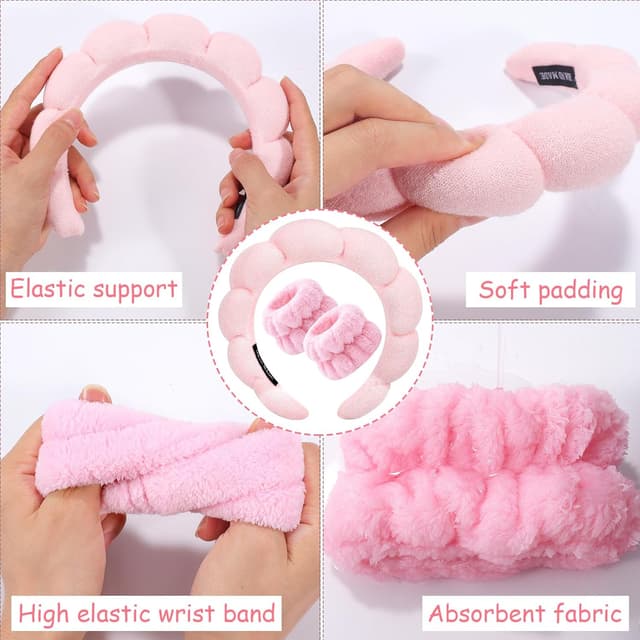 Detalle de Zkptops Spa Headband & Wristband Set (Pink) for Face Washing, Skincare & Makeup
