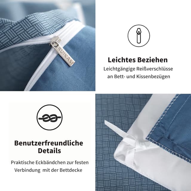 Thumbnail 6 de RUIKASI Bettwäsche 135x200 cm Baumwolle, 4-teilig Denimblau mit Karo – mit Reißverschluss