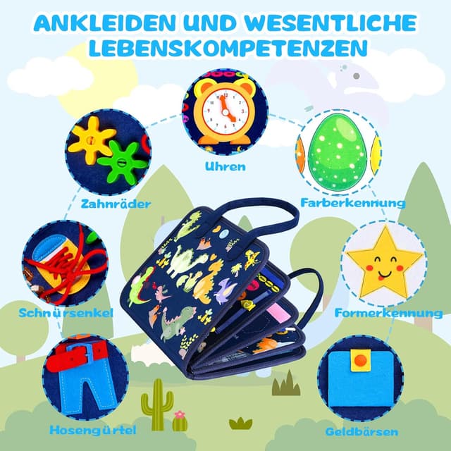 Detalle 2 de Uilfsur Montessori Busy Board (Deutsch) ab 1 Jahr – Motorik- und Aktivitätsbrett mit Dinosaurier-Thema
